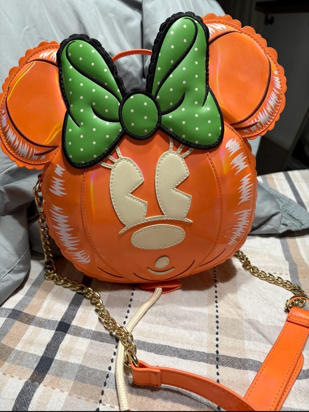 Orange Minnie Pumpkin Crossbody Bag with Green Bow